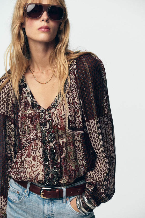 BEADED BLOUSE WITH METALLIC THREAD PRINT